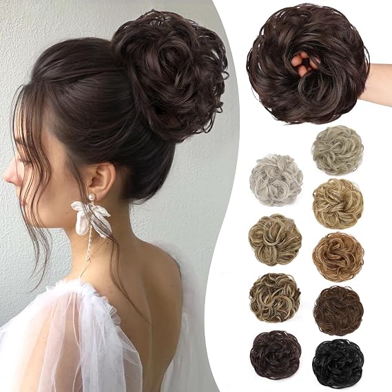 HMD Messy Bun Hair Piece Wavy Curly Scrunchies for Women Hair Bun Hair Piece Elastic Hair Bun Scrunchies Synthetic Chignon Ponytail Hair Extensions Tousled Updo Hairpieces for Women(Dark Brown-6A)