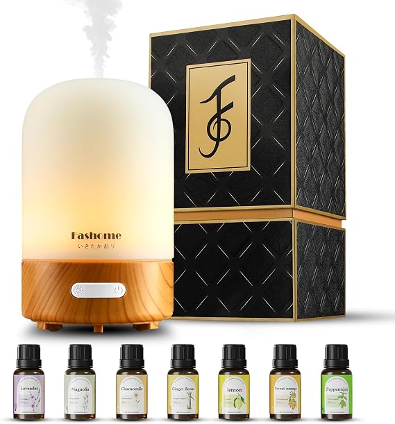 Essential Oil Diffuser Gift Set, 100ml Ultrasonic Aromatherapy Diffuser with Fashome Essential Oil Set, 7 Aromatherapy Blends Chamomile, Frankincense, Ginger Flower, Lemon, Orange Sweet, Peppermint,