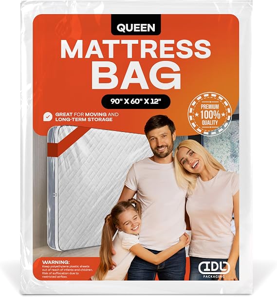 Mattress Bag, Queen Size - Heavy-Duty Mattress Bag Covering for Moving & Storage - Waterproof, Durable and Spacious Plastic Mattress Protector - Queen Size Mattress Storage by IDL Packaging