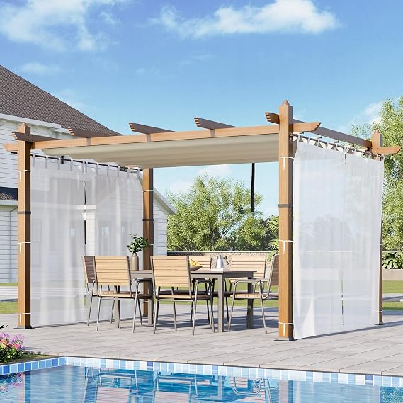 10x13 Ft Outdoor Patio Aluminum Pergola with Sun Shade Canopy & Side Mesh, Upgraded Wood-Grain Post Retractable Pergola, Modern Metal Yard Grape Trellis Gazebo for Backyard, Patio, Porch, Beige+White