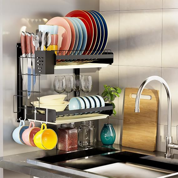 Hanging Wall Mounted Dish Drying Rack, Cutting Board Rack*1, Hook*4, Drain Tray*2, Apartment & RV Wall Mounted Dish Rack, Small Kitchen & Clean Countertop Solution, 2 Layers & 16 long, Black