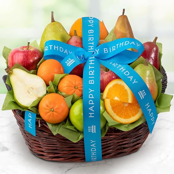 A Gift Inside Birthday Fruit Basket with Mixed Fresh Fruits Pears, Apples, Kiwi & Navel Orange, Fresh Fruit Gift Basket with Happy Birthday Ribbon
