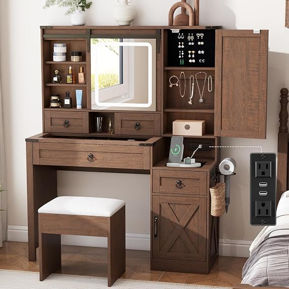 Farmhouse Makeup Vanity Desk with Mirror and Lights Brown
