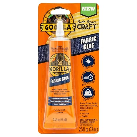 Gorilla Fabric Glue, 100% Waterproof, No Sew Solution, Washer/Dryer Safe, Permanent Bond, 2.5fl oz/73ml, Clear, (Pack of 3)) | Non-Yellowing, Bonds Fabric, Felt, Denim, and Ribbon, Remains Flexible, Washer and Dryer Safe