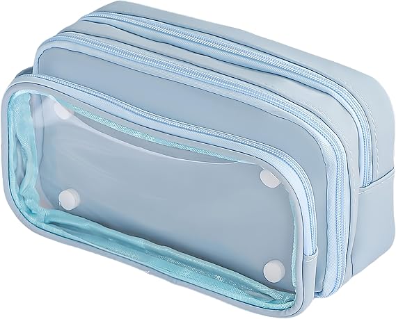 Multilayer Clear Stackable Kawaii Pencil Case - Ins Style DIY Display Organizer for Pencils/Pens/Small Collectibles, Aesthetic Supply Accessories & Cute Anime Ita Bag (Blue)