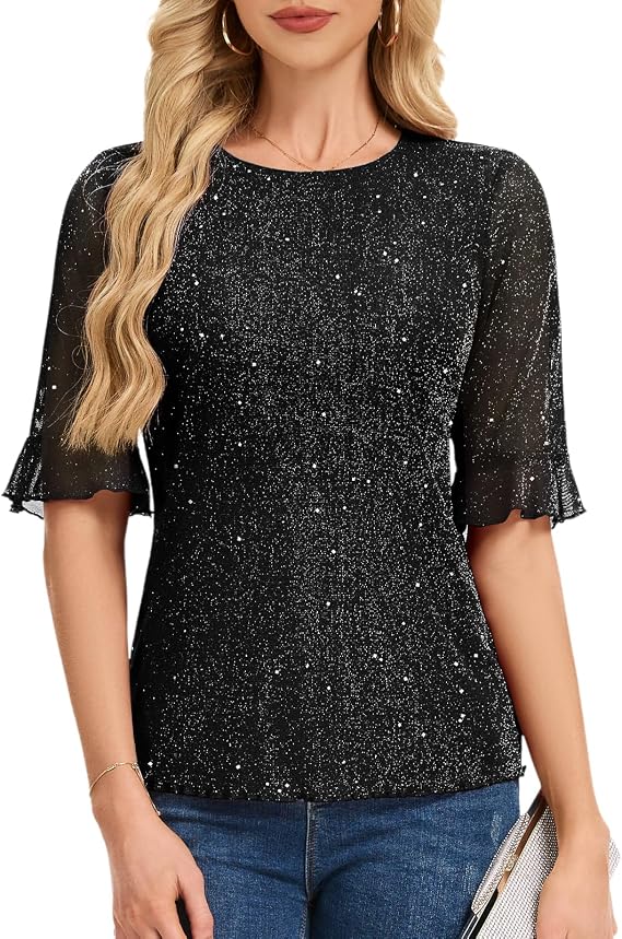 HomRain Glitter Tops for Women Sequin Blouses Sparkly Bell Sleeve Shirt Dressy Casual Party Guest Wedding Summer Top
