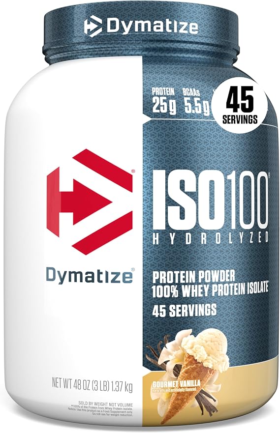 Dymatize ISO100 Whey Protein Powder Isolate, Vanilla, 25g of Protein, 3 Pound, 5.5g BCAAs, Less Than 120 Cal., Gluten Free, 1g Fat, 1g Sugar, 2g Carb 45 Servings