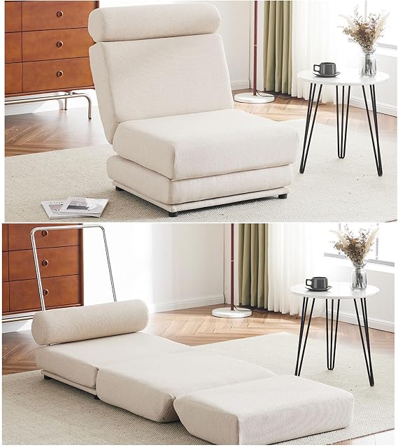 Majnesvon Convertible Flip Chair Bed Sleeper for Adults, Floor Futon Sofa Bed Chair& Fold Out Sleeper Chair Bed with Pillow, Single Sofa Chair for Bedroom Living Room Small Space (Cream White)