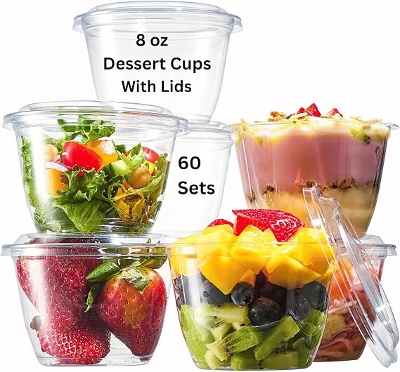 Dessert Cups With Lids - 8 OZ - 60 Cups + 60 Lids - Perfect For Fruit Cups. Crystal Clear PET Plastic.