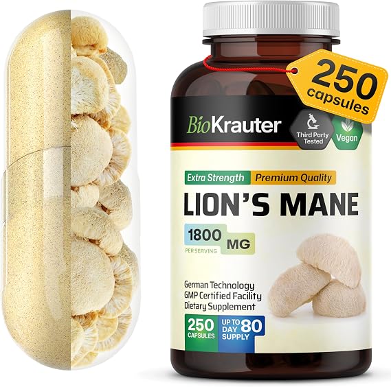 BIO KRAUTER Lions Mane for Focus Support & Brain Health, 250 Capsules