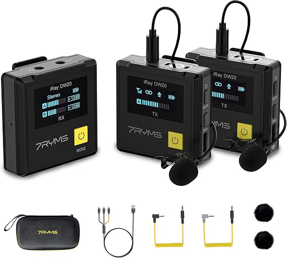 7RYMS iRay DW20 Wireless Lavalier Microphone System with 48kHz/16bit Sound | 656FT, 10 Hours Runtime, 3-in-1 USB C Charging Cables, Lapel Microphone For Interview, Video Shooting, Vlog, Chat