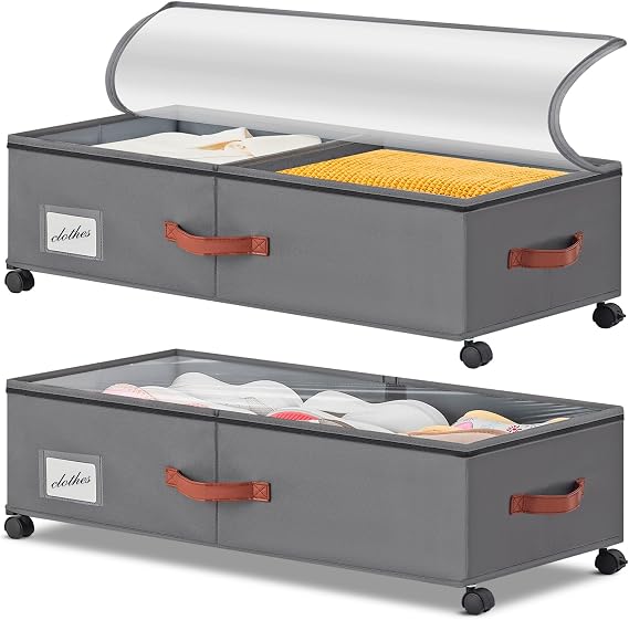 Under Bed Storage Containers with Wheels 9.5 inches Higher Under Bed Storage L Underbed Shoes Blankets Clothes Storage Organizer 2 Pack Under the Bed Storage for College Dorms Bedroom Nursery Rooms