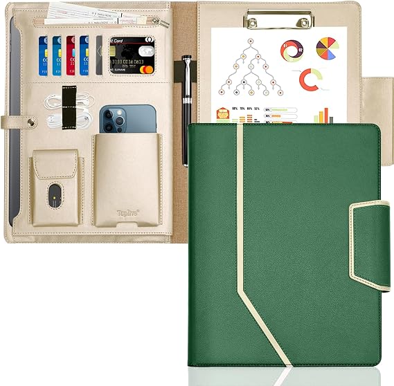 Toplive Padfolio Portfolio Case, Conference Folder Executive Business Padfolio with Document Sleeve, Letter/ A4 Size Clipboard, Card Holders, Portfolio Padfolio for Women Men, Drak Green