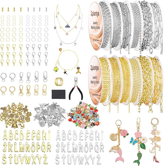 Zplontya 18K Necklace Chains for Jewelry Making Kit 381PCS Include 50Ft 12 Rolls Gold/Silver Jewelry Chains and Charms,Jump Rings,Pliers&Accessories for DIY Necklace Bracelet Keychain Crafting Gifts