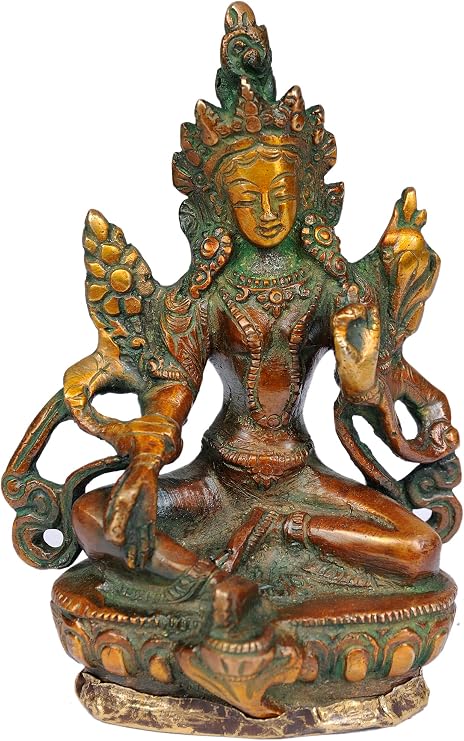 Exotic India Tibetan Buddhist Saviour Goddess Green Tara (Small Statue) - Brass Statue - Color Double Chola Color