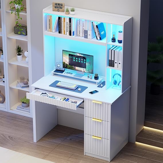 WOOVIVS Desk with Hutch and Drawers for Bedroom,Home Office,White