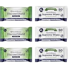 NorthShore Clean-Up Bundle, Heavy-Duty X-Large Supreme Cleansing Wipes (150 Count) and DiscreetShield Disposal Bags (75 Count)