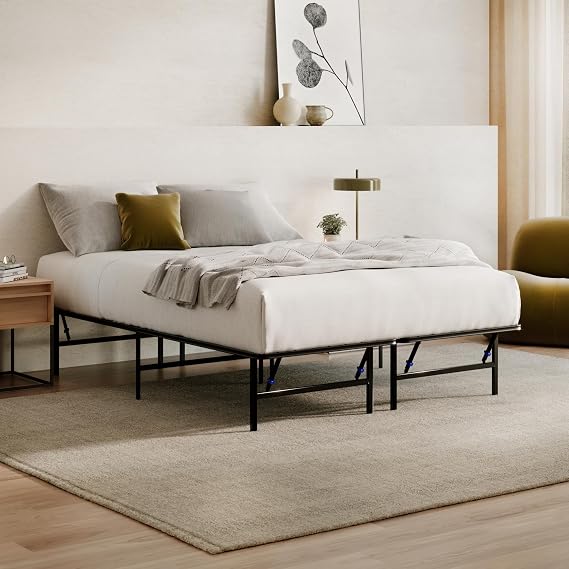 Siena Foldable Metal Platform Bed Frame - Queen - Tool-Free Easy Set Up - 14 Height - Classic, Durable Design - Sturdy Coated Steel Frame - No Box Spring Needed - Matte Black Finish