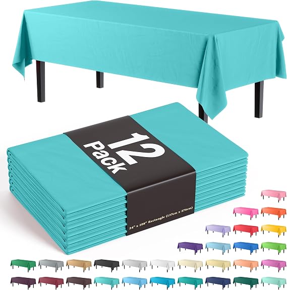 Exquisite 12-Pack Premium Plastic Tablecloth Premium Aqua Blue Table Cover, Pack of 12