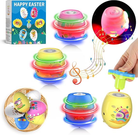 6 Pack Spinning Tops Toys, Lighting & Singing Colorful Eggs, Party Favor Easter Basket Stuffers for Boys & Girls Ages 3-6