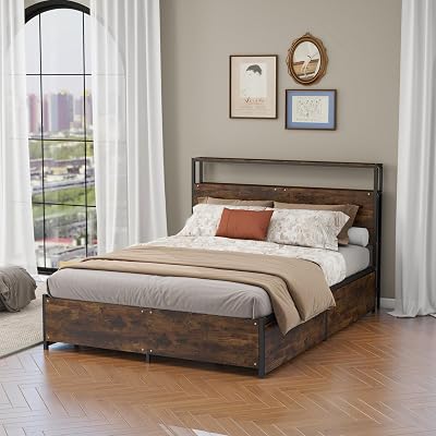 Panana Modern Queen Size Bed Frame with 4 Storage Drawers - Industrial Metal & Solid Wood Platform Bed, Sturdy & Space-Saving Design, Easy Assembly, Eco-Friendly Materials Queen U.S. Standard