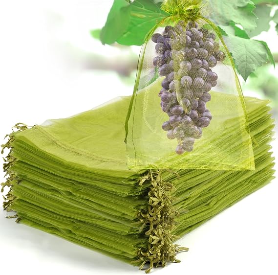 50 Pcs Fruit Protection Bags, 812 in Mesh Cover Nets for Tree, Green | Drawstring Netting, Protect Fruits, Dense Fine Mesh, for Vegetables Strawberry Tomato Garden, Reusable and Soft