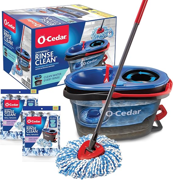 O-Cedar RinseClean Spin Mop & Bucket System | Microfiber Floor Cleaning System | Includes 3 Mop Heads 1 Standard 2 Deep Clean Refills | Machine Washable & Reusable