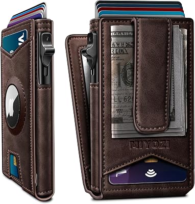 Airtag Wallet for Men Money Clip 9-Card Pop-Up Credit Card Holder with ID Window RFID Blocking Metal Case Magnetic Closure Front Pocket Wallet Gift Box