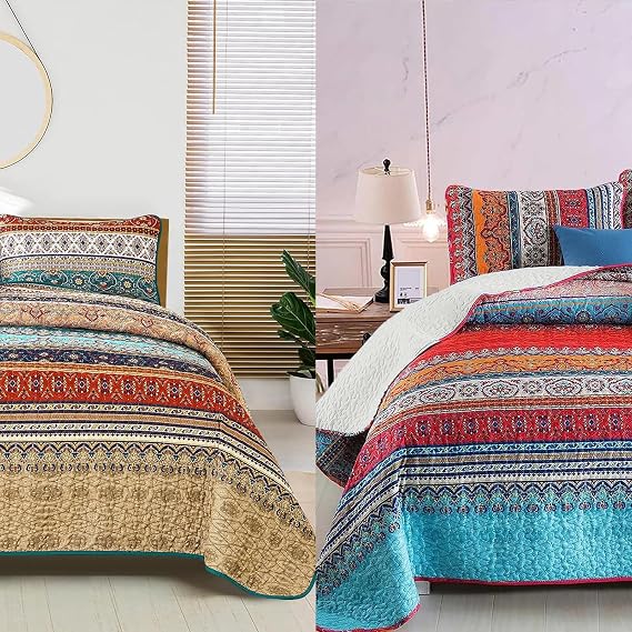 Boho Queen Quilt Set and Bohemian Quilt Set Queen, Bedspread Set for All Season, Soft Microfiber Lightweight Bedding Set 96x90