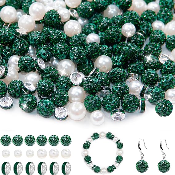 200pcs 10mm Rhinestone Beads for Jewelry Making, Dark Green Shiny Round Shamballa Disco Ball Beads Bulk, Pave Baseball Necklace Sparkle Crystal Clay Bead for DIY Crafts Making Bracelets Earrings