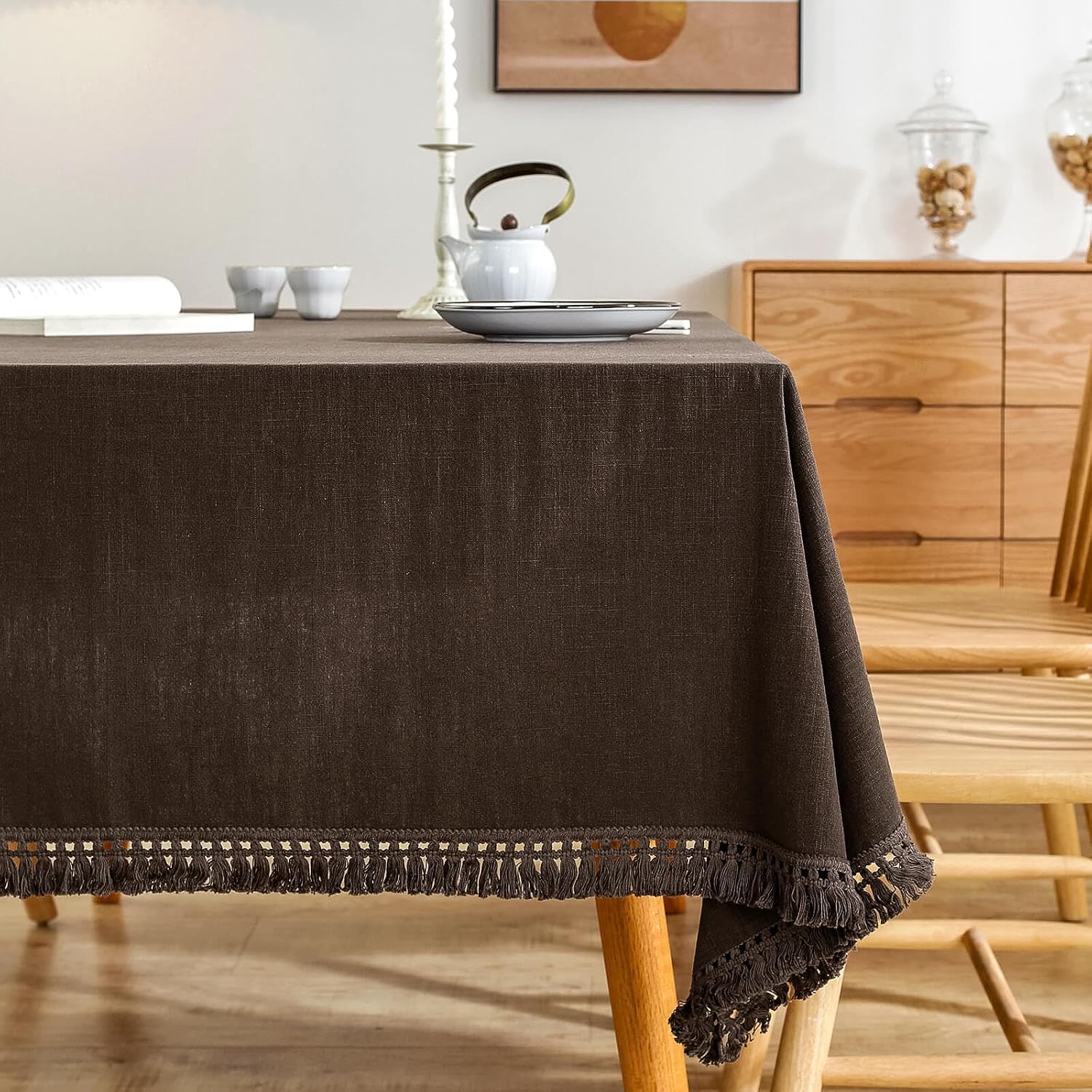 AmHoo Linen Tablecloth Table Cloth Stitching Tassel Rectangle Decorative Natural Table Cover for Kitchen Dinning Wedding Buffet 55 x 55 Inch Brown
