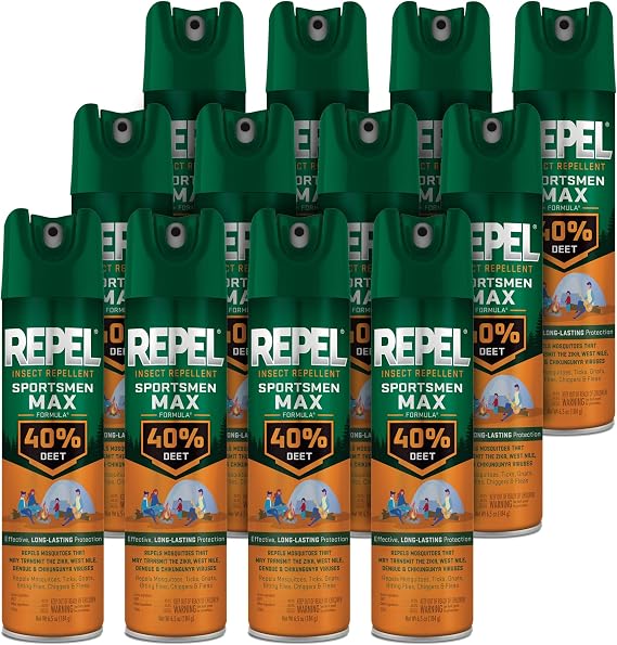 Repel Insect Repellent Sportsmen Max Formula 40% DEET, 6.5 Ounces, Long-Lasting Aerosol Insect Repellent Spray Repels Mosquitoes, Ticks, Gnats, Biting Flies, Chiggers And Fleas, 12 Pack