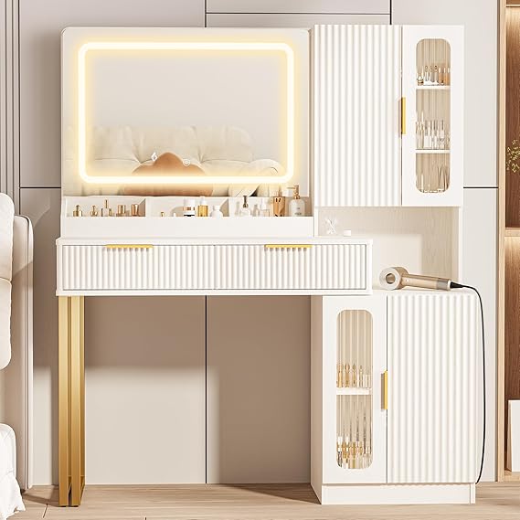 42" Modern Makeup Vanity Desk with Mirror and Lights, Makeup Vanity with 5 Shelves& 2 Drawers and Cabinet, Vanity Table with Power Outlet, 3 Color Adjustable Lighting Dressing Table Set for Bedroom