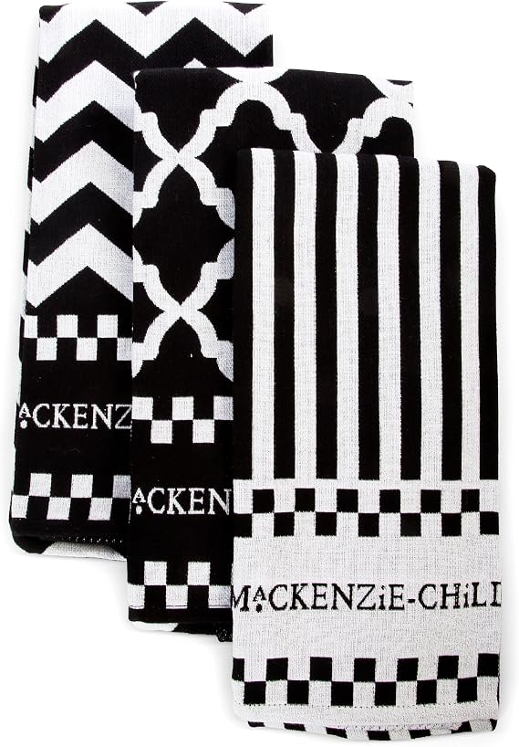 MACKENZIE-CHILDS Set of 3 Cotton Dish Towels, Decorative Kitchen Towels, Black-and-White Zig Zag