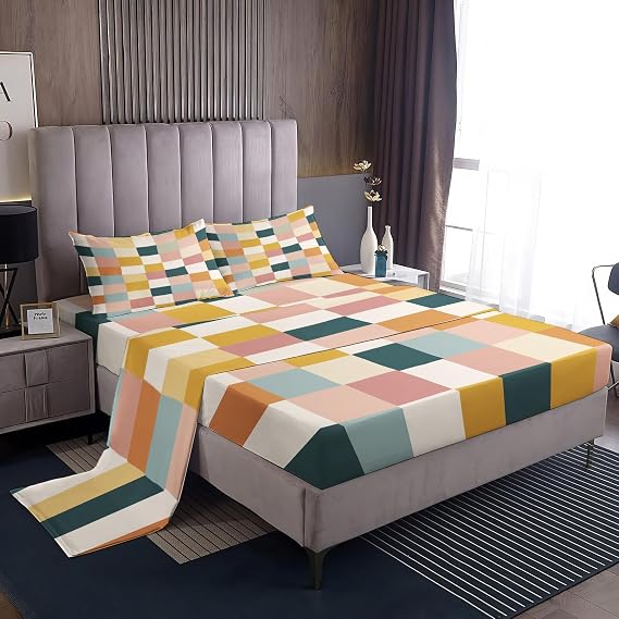 Colorful Plaid Sheets Queen Size Bed - Checkered Pattern Sheet Set - Soft Microfiber Bedding Sheets & Pillowcases 4 Piece with 16 Inch Deep Pocket - Plaid Bedroom Decor