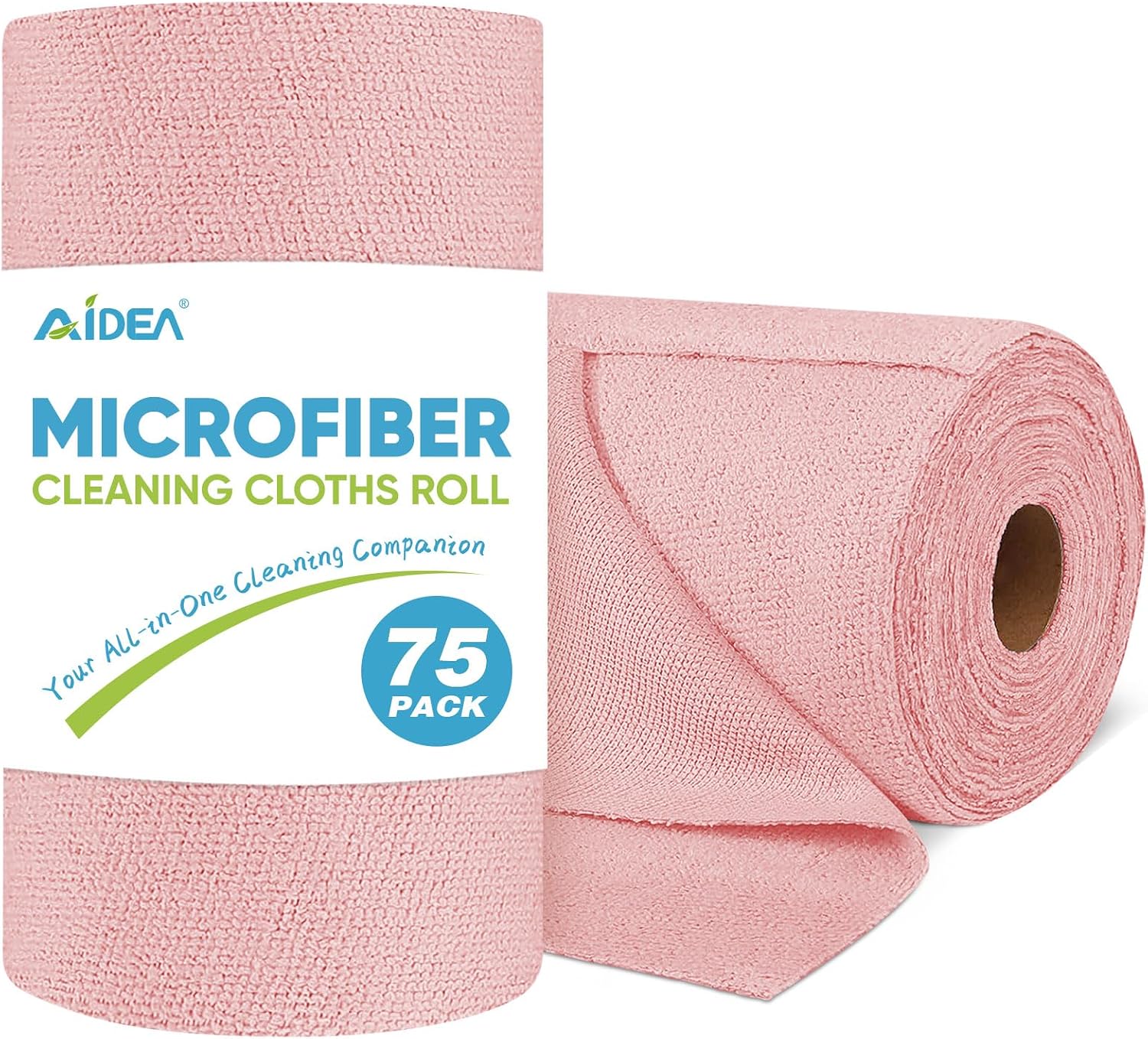 AIDEA Microfiber Cleaning Cloth Roll, 75PK, Tear Away Reusable Paper Towels, Pink Towels Lint Free Rags for House, Kitchen, Car Cleaning Supplies, 11.5×11.5"