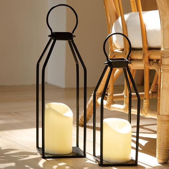 Perfnique Modern Farmhouse Lantern Decor, 15'' 13'' Set of 2 Black Metal Lantern, 2 LED 6hr Timer Flameless Candles & Remote Timer, Lanterns Decorative for Outdoor, Home, Indoor, Patio, Christmas