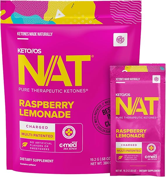 Pruvit Keto//OS NAT Raspberry Lemonade Charged Drink Mix - 20 Sachets | With C-Med 100, L-Taurine, Vitamins B6 & B12, Naturally Fermented, No Artificial Flavors