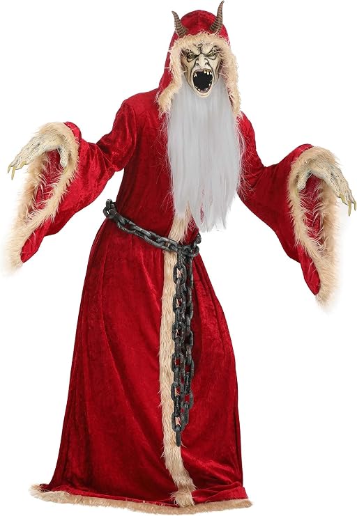 Adult Krampus Costume | Red Robed Christmas Solstice Demon of Folklore Outfit with Hooded Robe, Mask with Beard, Chain