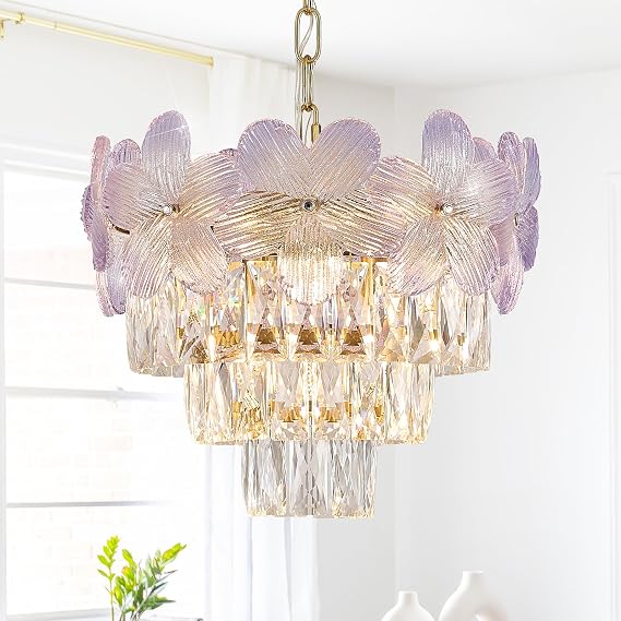 14" 3-Light Purple Flower Crystal Chandelier Gold Light Fixture | Luxury 4-Tier Crystal Ceiling Pendant Light,Contemporary Lighting,for Dining Room Kitchen Island Entryway Bedroom,E12