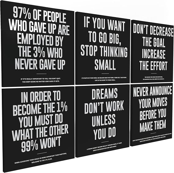 6X Motivational canvas, wall art for bedroom and office, inspirational black and white canvas poster, motivational poster set, decor bundle for home, wall pictures for living room (6x - 20 X 20 in)
