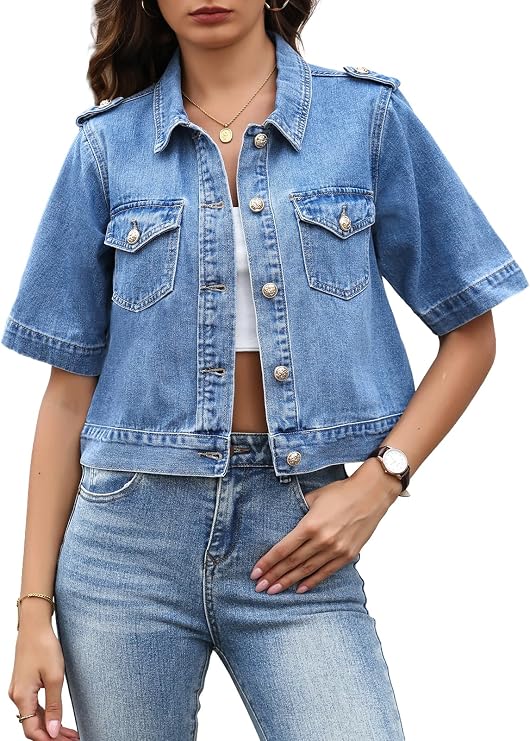 Kedera Cropped Denim Jacket for Women Short Sleeve Button Front Lightweight Summer Jean Jacket