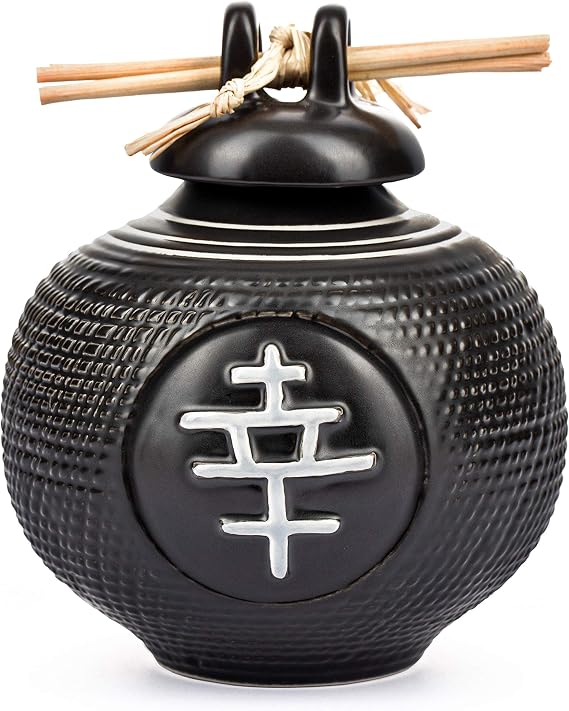 Live Whale Zen Decor Law of Attraction Asian Inspired Wishing Pot, Inspirational Gifts, Gratitude Jar with Scroll, Ceramic Jar with Lid for Daily Affirmations and Blessings, Black 3.5x3.5x4