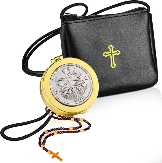 2 Pcs Leather Pyx for Communion Host Catholic with Cross, Strap Style