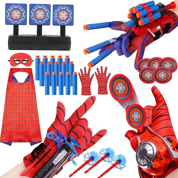 3 Sets Spider Web Shooters Halloween Party Favors Decorations for Kids Wrist Launcher Toys with Hero Gloves Auto Resetting Boards Spider Cape and Mask Cosplay Costume for Kids Birthday Party