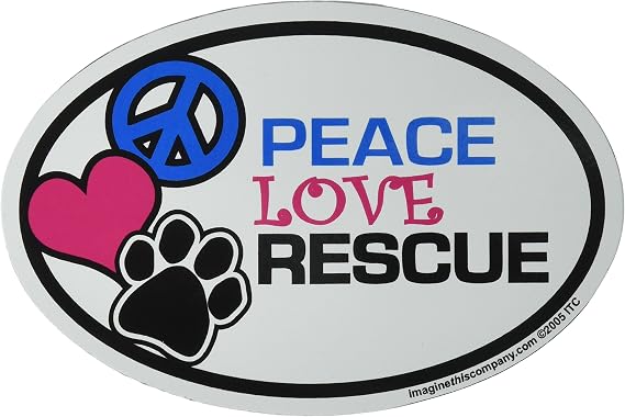 Imagine This Oval Peace Love Rescue Car Magnet, 6-Inch by 4-Inch