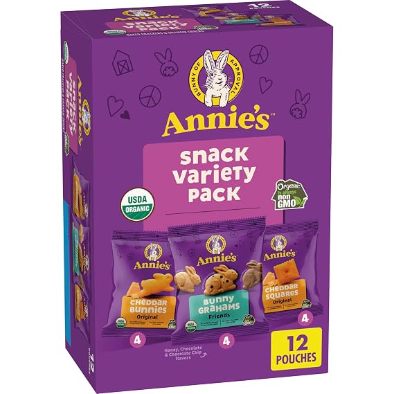 Annie's Organic Snack Cracker Variety Pack, 12ct, 11 oz | Cheddar Bunnies, Bunny Grahams & Cheddar Squares (4 of Each), No Artificial Flavors or Synthetic Colors