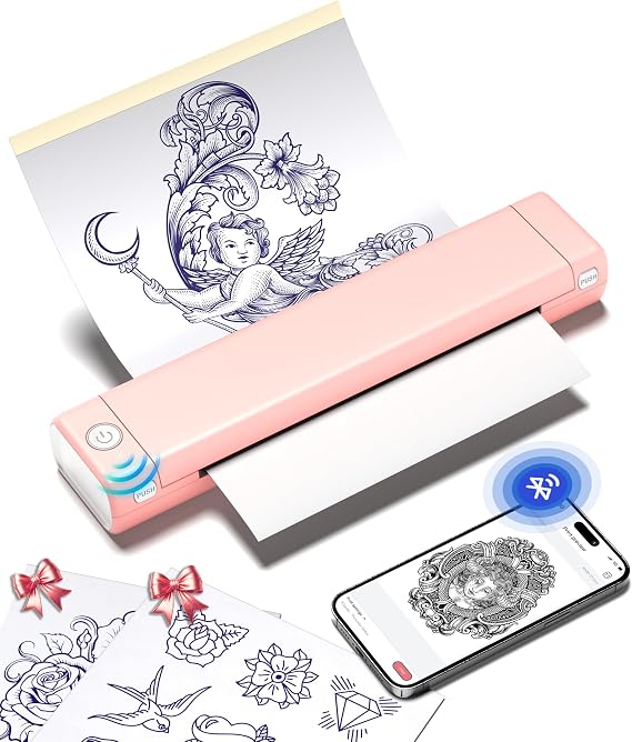 Phomemo M08F Tattoo Stencil Printer, Bluetooth, Wireless, Thermal, Portable | with 10pcs Transfer Paper, Compatible with Phone/Tablet/PC, for Tattoo Artists & Beginners, Pink