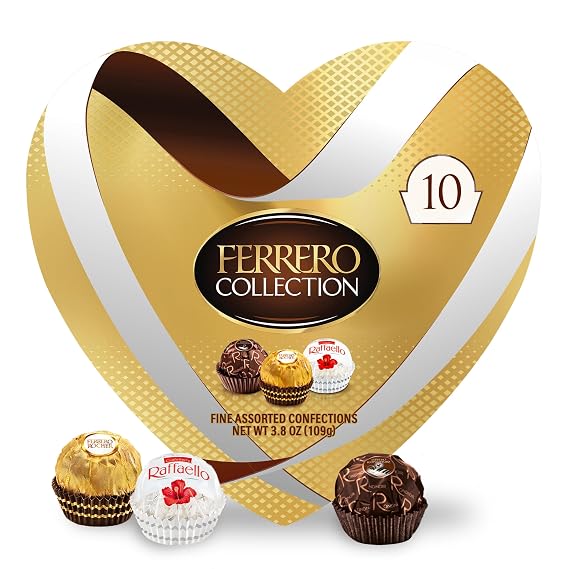 Ferrero Collection Valentine's Day Heart Gift Box, 10 Assorted Hazelnut, Dark Chocolate and Coconut Treats, 3.8 oz