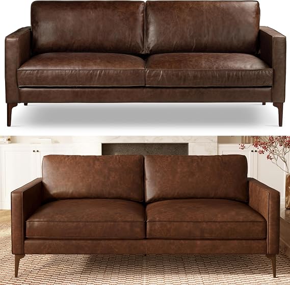 Poly & Bark Mateo 82 Sofa Chocolate Brown Full-Grain Pure-Aniline Italian Leather, Feather-Down Cushions, Solid Wood Frame & Walnut Legs